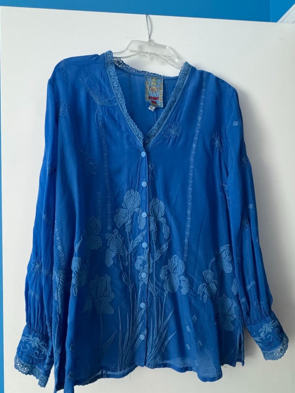 Johnny Was Royal Blue Iris Tone-on-Tone Embroidered Button-Down Blouse / Tunic